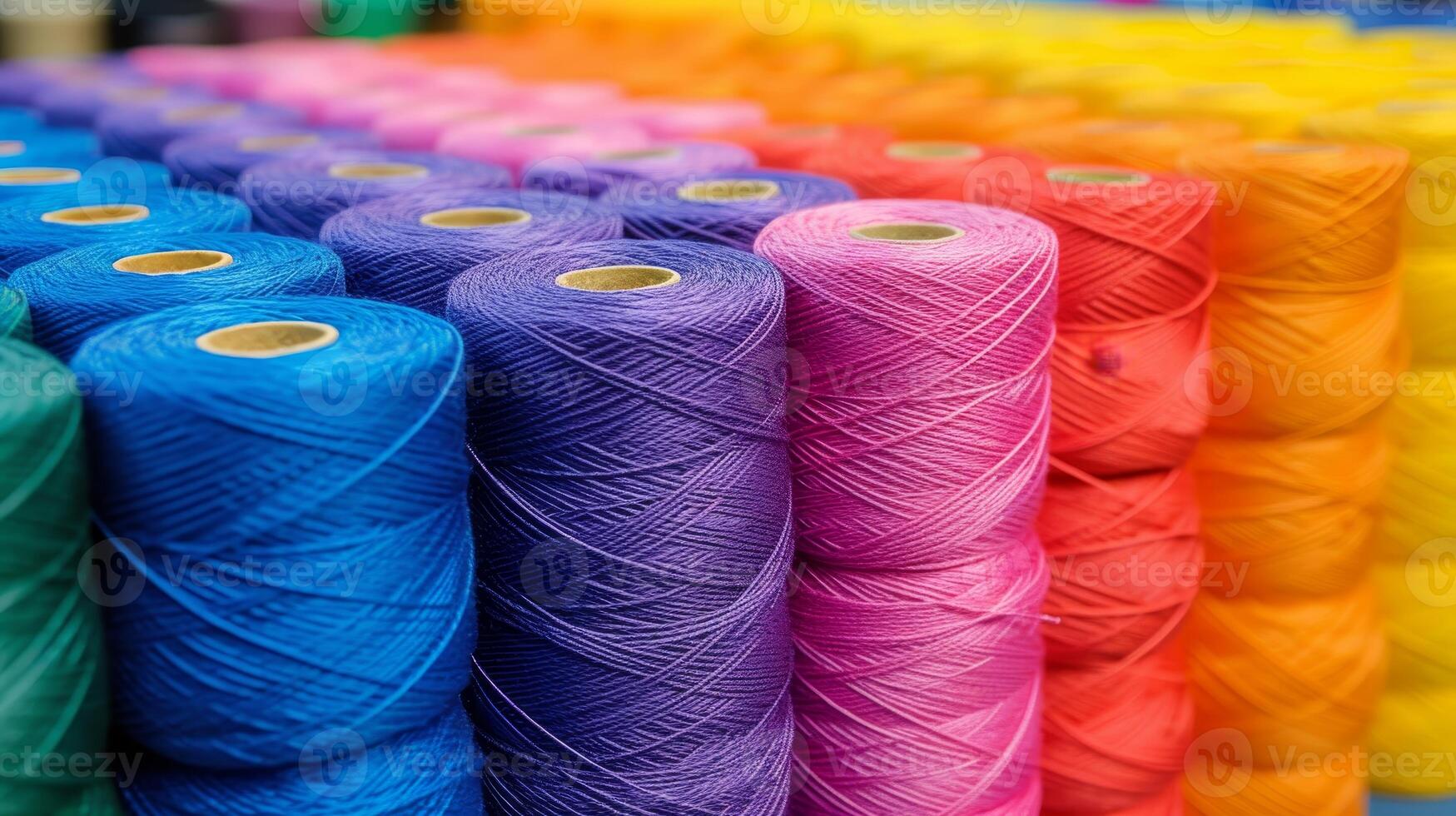 AI generated Vivid colorful cotton threads on tailor s fabric background showcasing a variety of shades and hues photo
