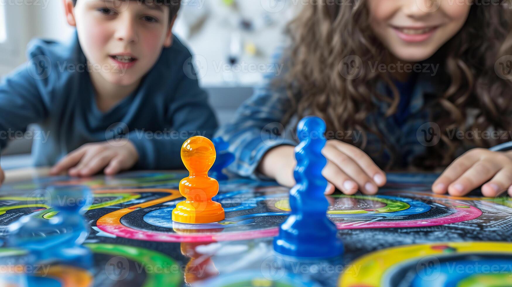 AI generated Close up of joyful children s hands actively playing a captivating and interactive board game photo