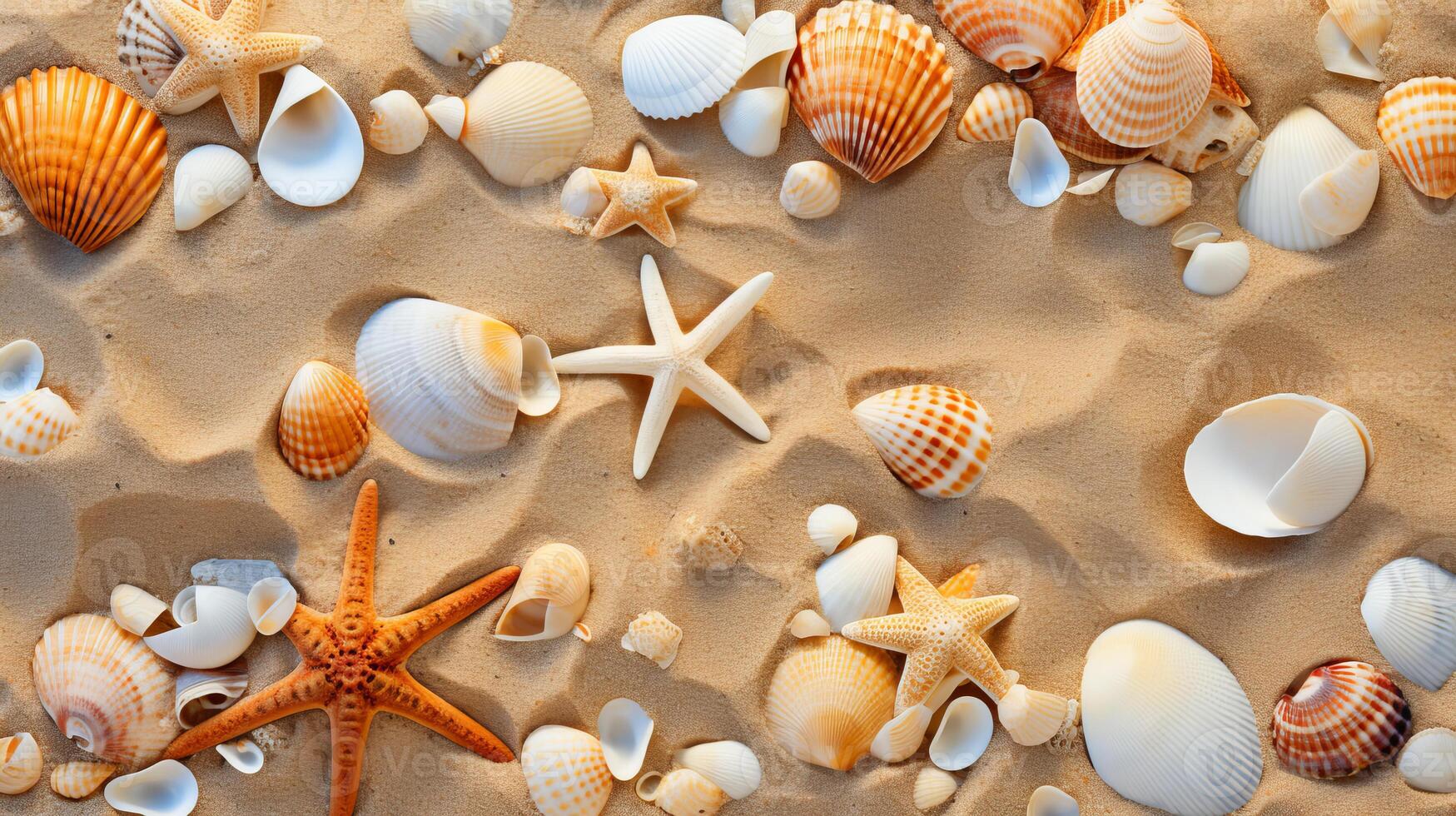 AI generated Top view of sandy beach with seashells and starfish, perfect for summer travel design concept photo