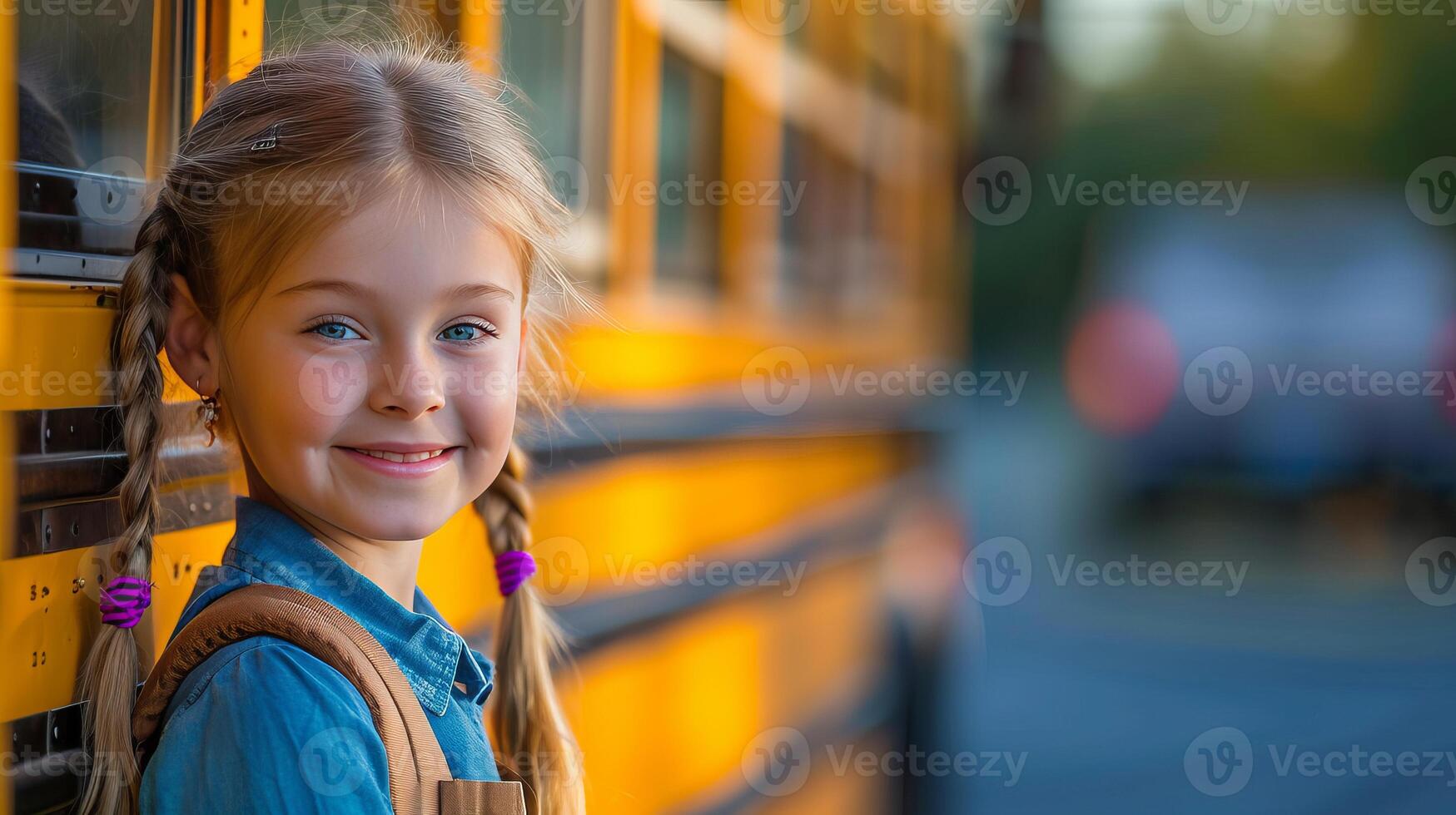 ai generado alegre elemental colegio niña Listo a tablero el autobús, ansioso para un día de aprendizaje y divertida. foto