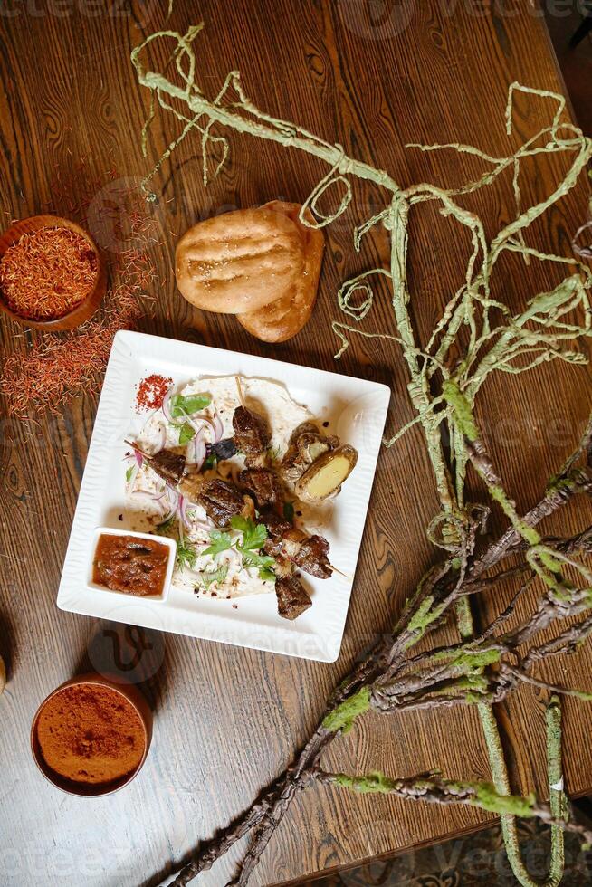 Delicious Meal on a Wooden Table photo