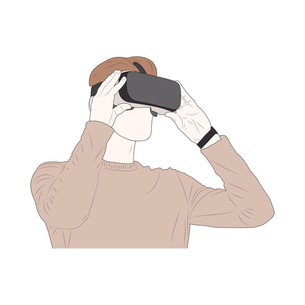 The young man wearing a VR headset and trying a new experience on white background vector