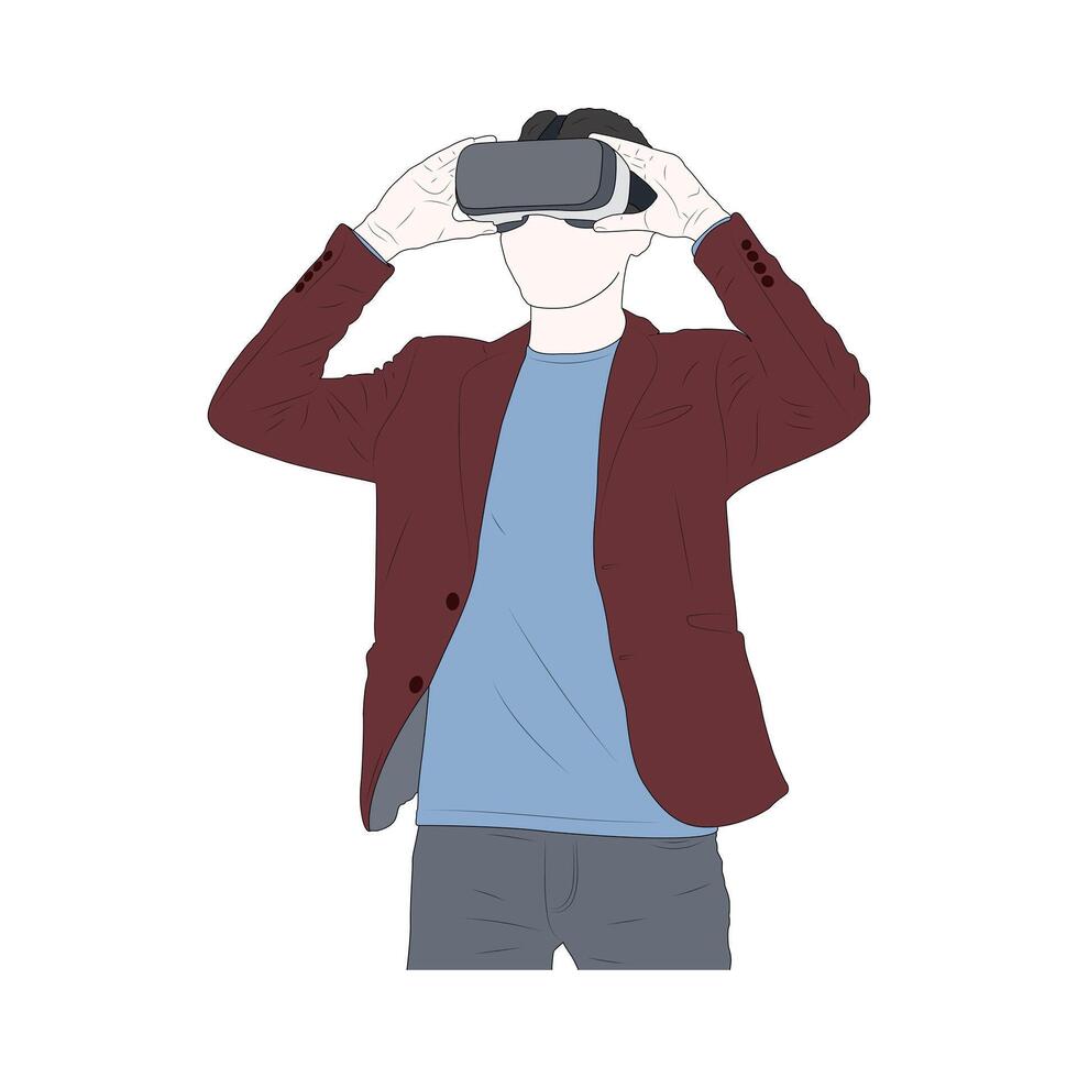 The young man wearing a VR headset and trying a new experience on white background vector