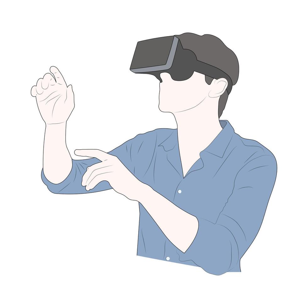 The young man wearing a VR headset and trying a new experience on white background vector