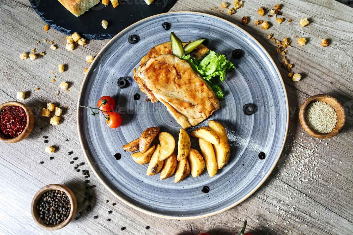 Deliciously Arranged Plate of Food on a Rustic Wooden Table photo