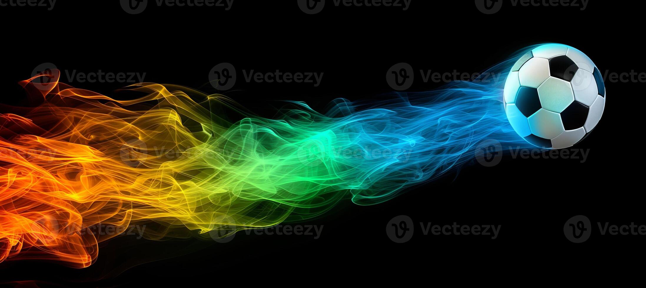 AI generated Soccer ball emitting vibrant colorful smoke on black background, with space for text placement photo