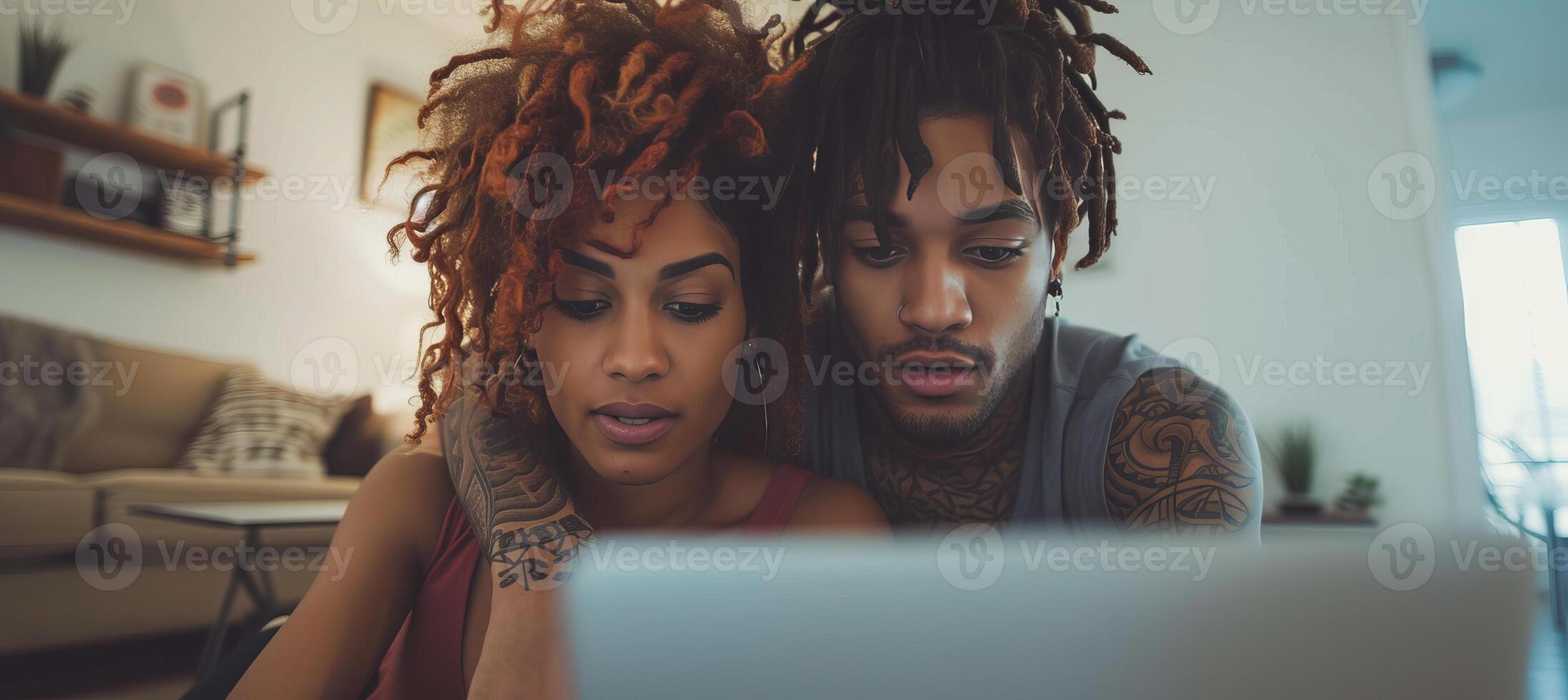 AI generated Multiracial young couple enjoying quality time together while watching laptop on sofa at home photo