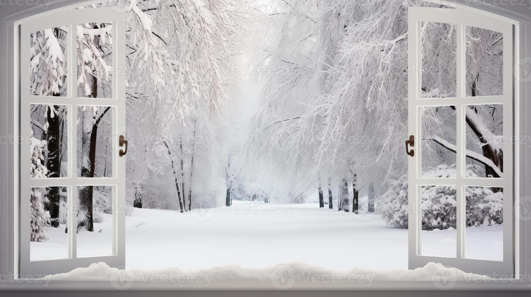 AI generated Cottage window view of snowy mountains   forest   christmas nature background for product display. photo