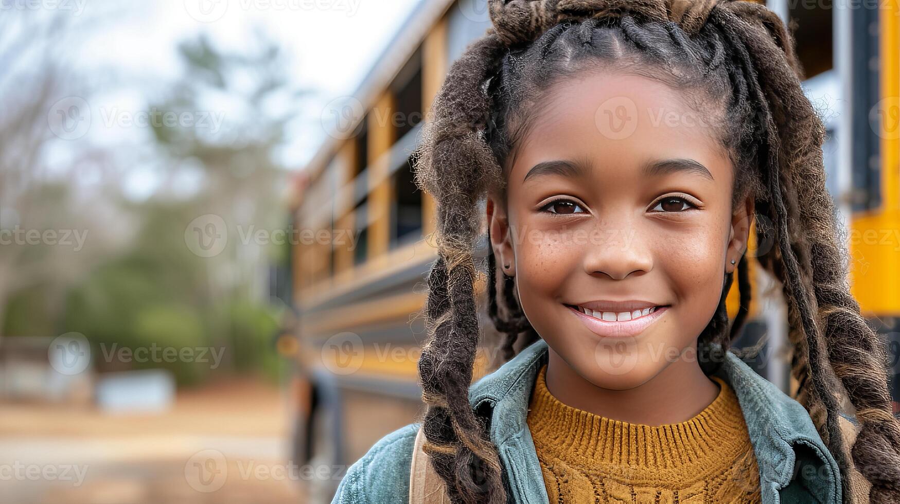AI generated Happy elementary school student girl smiling and excited to board the school bus photo
