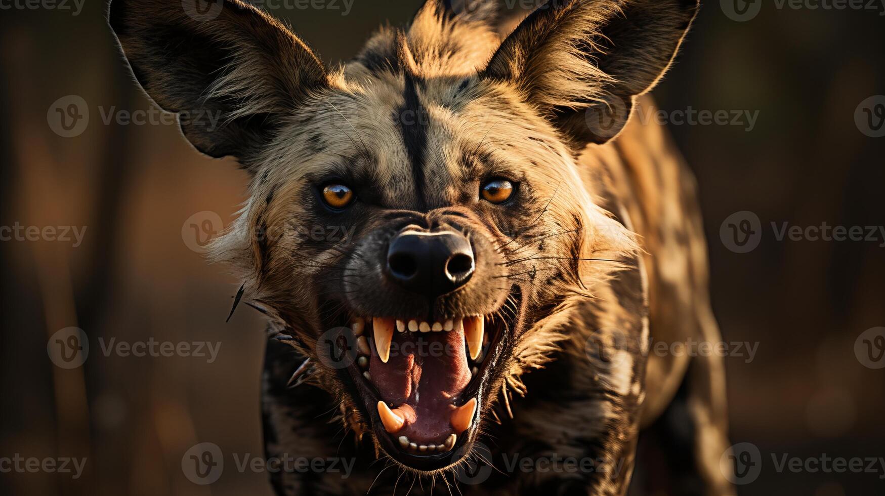 AI generated Close up of a wild dog howling in the wilderness, showcasing its untamed beauty and primal instincts photo