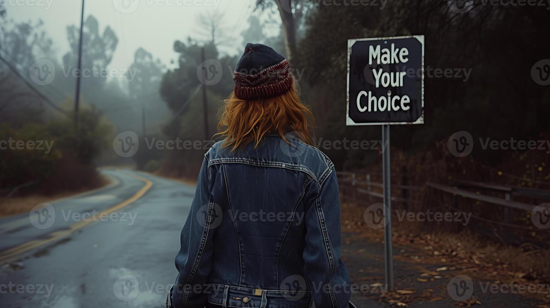 AI generated Make your choice  two way sign at crossroad with woman   decision making and uncertainty concept photo