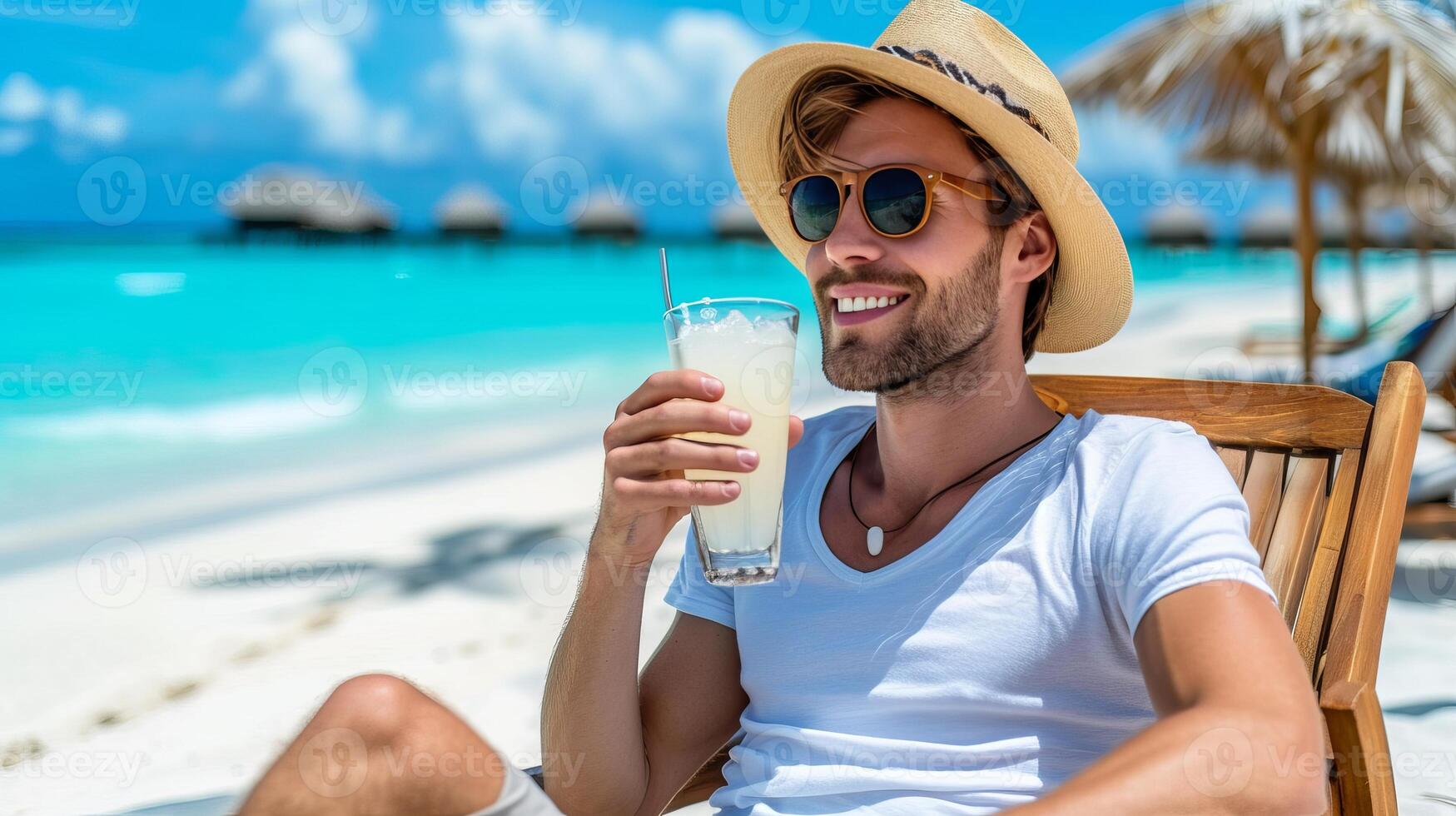 AI generated Tropical beach paradise  man enjoying margarita cocktail on sunny summer day with copy space photo