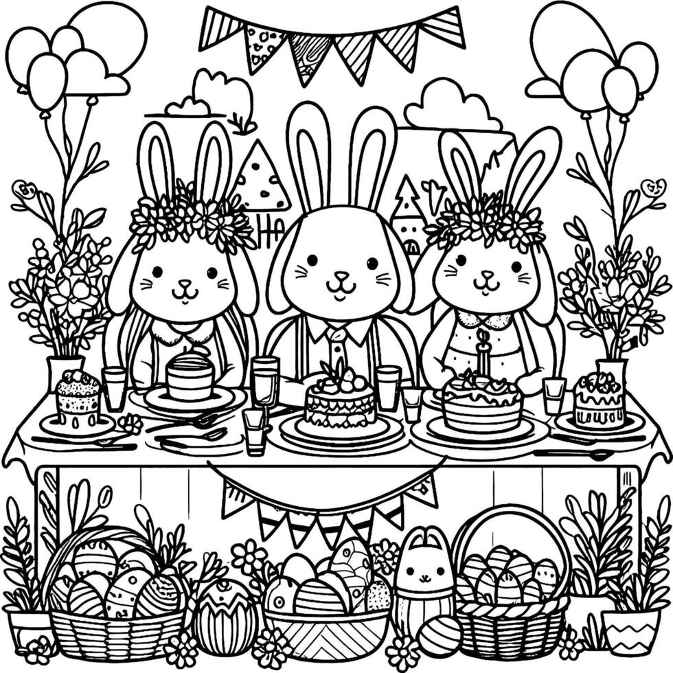 outlined Coloring Page of  Easter egg with flower and basket and bunny in white background vector