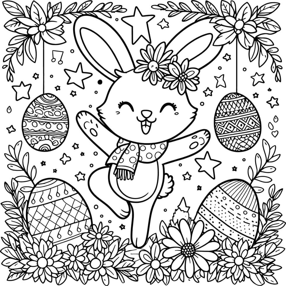 Coloring Page of  Dancing Easter bunny with decorative eggs, flower, star  in white background vector