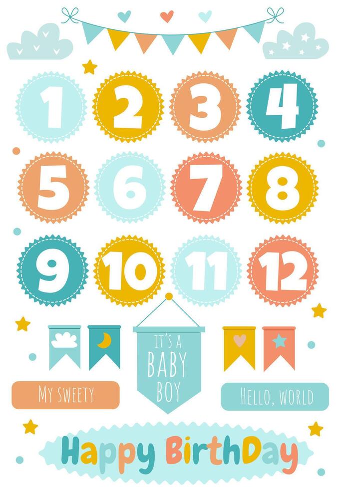 Vector cute set with Birthday color decor for a baby