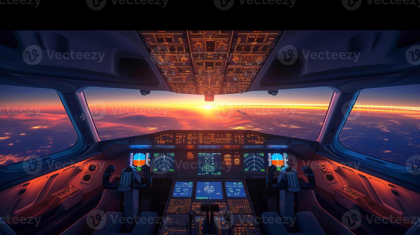 AI generated Evening flight  pilot in cockpit of civil airplane, control panel, and dashboard. photo