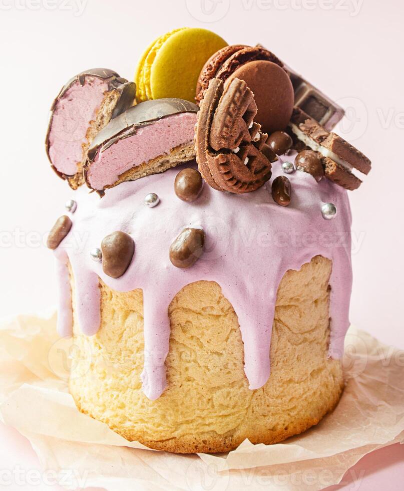 Easter cake decorated with chocolate and cookies. Easter cake close-up. photo