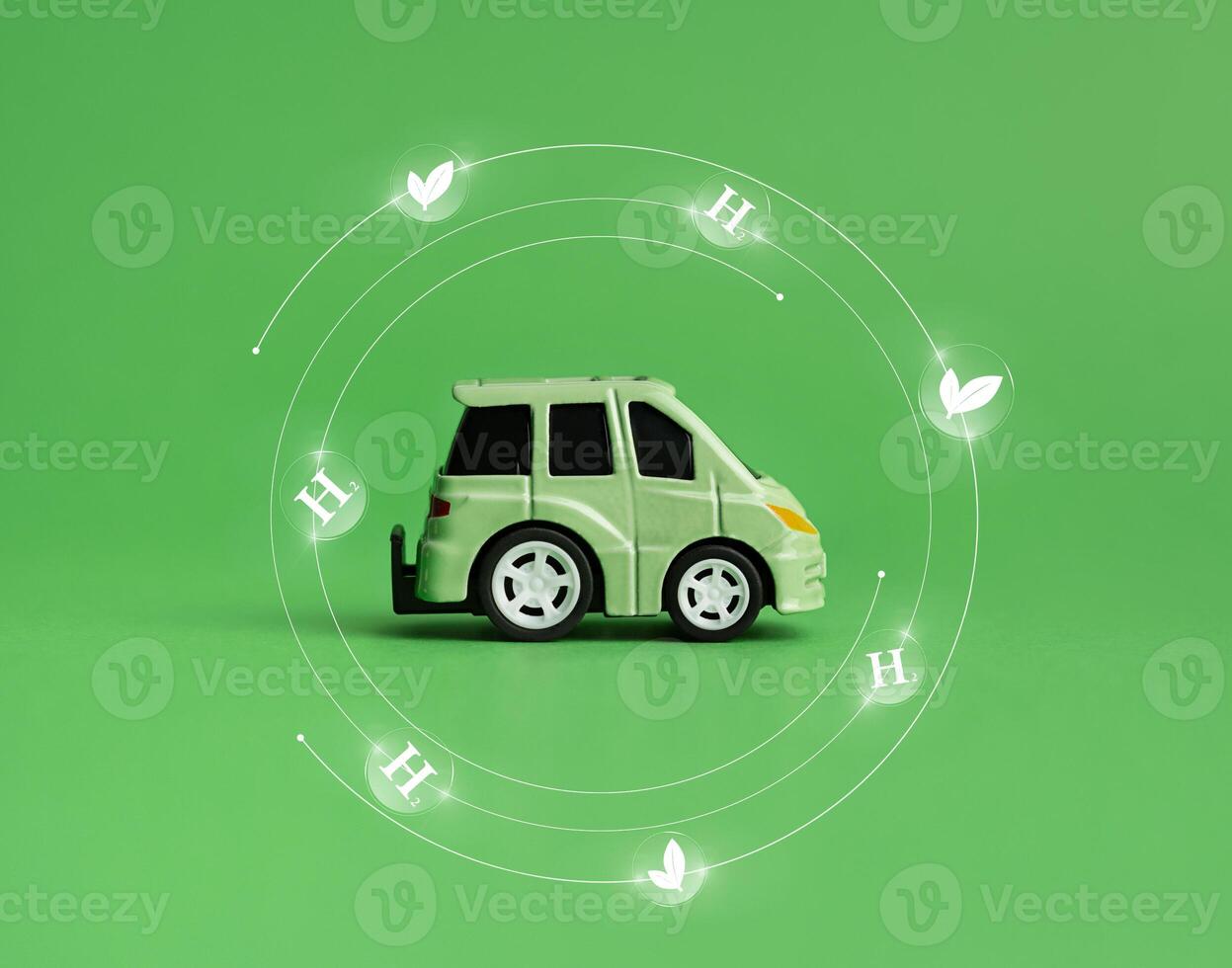 Ecology concept. Green car and environmental signs on a green background. Environment concept. photo