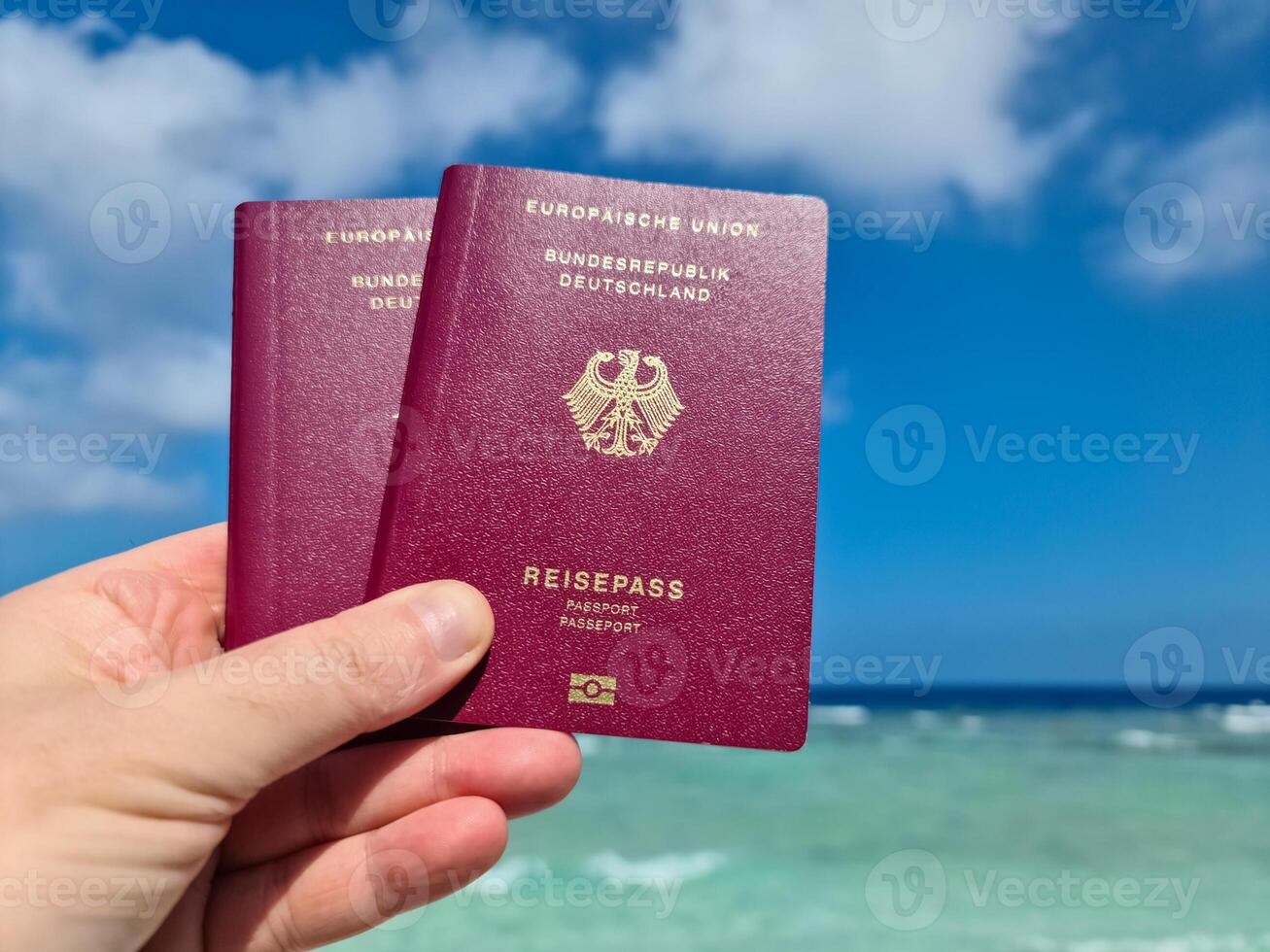 un mano sostiene dos alemán pasaportes en frente de un suave viaje antecedentes en el Maldivas con palma arboles y playa. foto