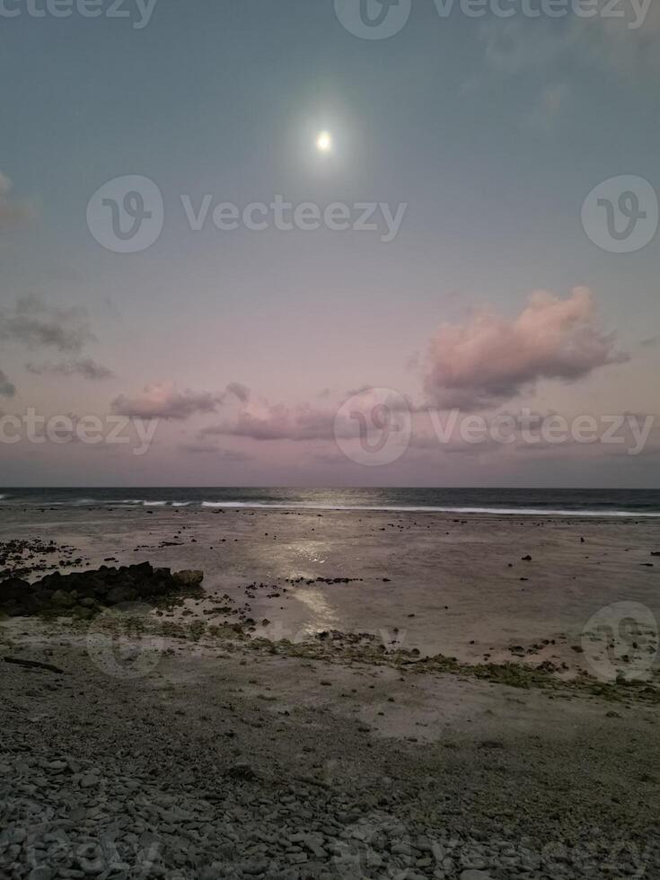 ver de el playa en el Maldivas en muy brillante luz de la luna en un casi despejado noche. foto