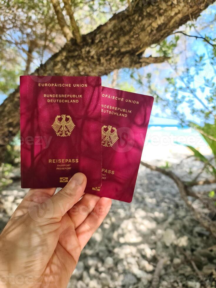 A hand holds two German passports in front of a soft travel background in the Maldives with palm trees and beach. photo
