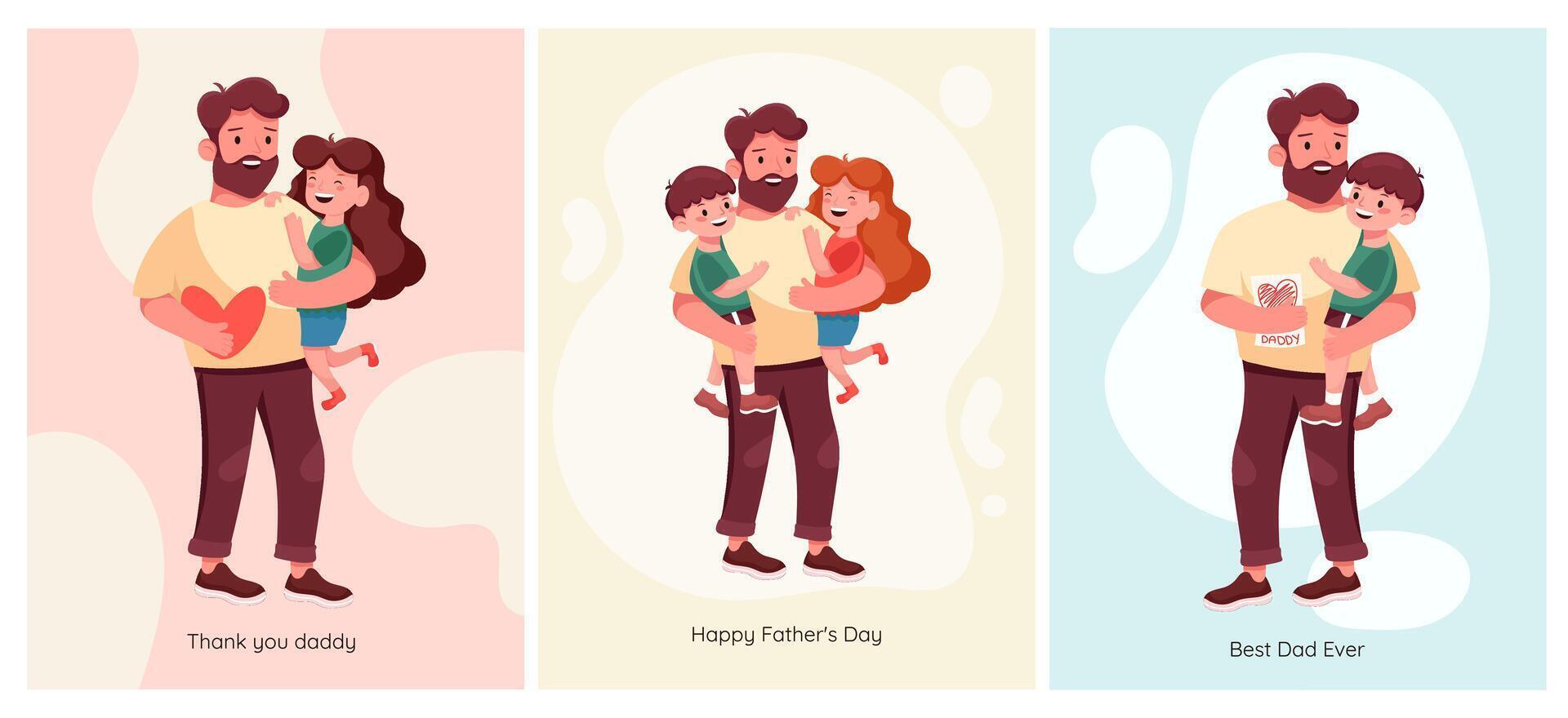 A series of cards for Father's Day. Cute posters, stickers. Dad and daughter, dad and son, son and daughter. Vector illustration