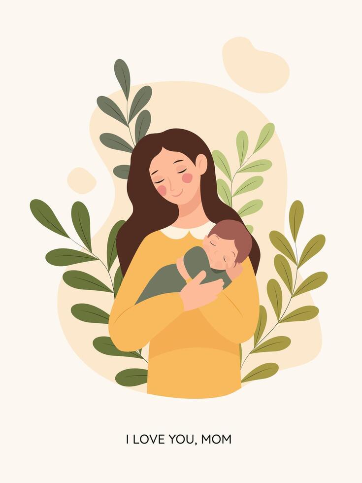 A mother is holding a small child in her arms. Cute illustration of Mother's Day card. Vector, pastel gentle colors vector
