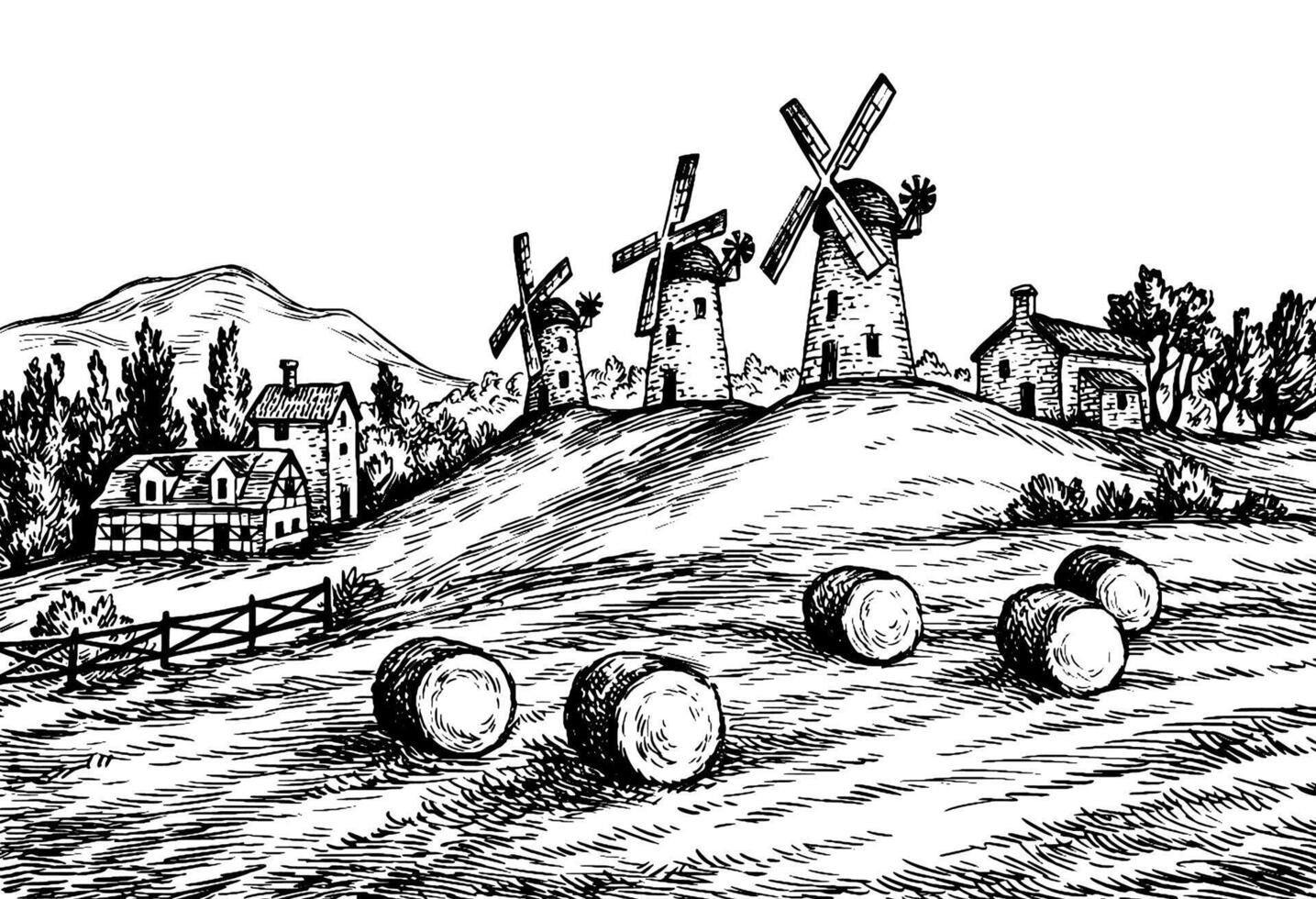 Rural landscape with old windmill and hay bales. Wheat field and farm. Countryside scenery. Retro style. vector