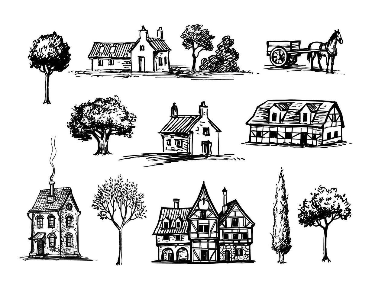 Old village ink sketches. Houses and trees. Horse harnessed to a cart. Hand drawn illustrations. Vintage style. vector