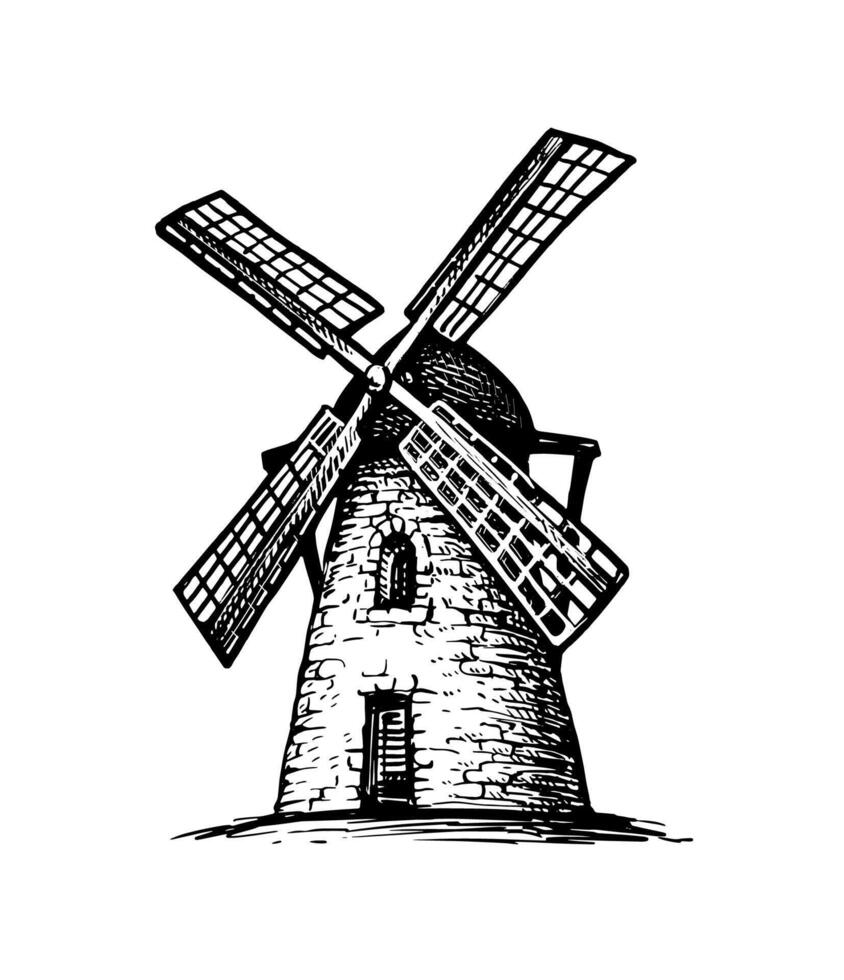 Old tower mill. Hand drawn ink sketch. vector