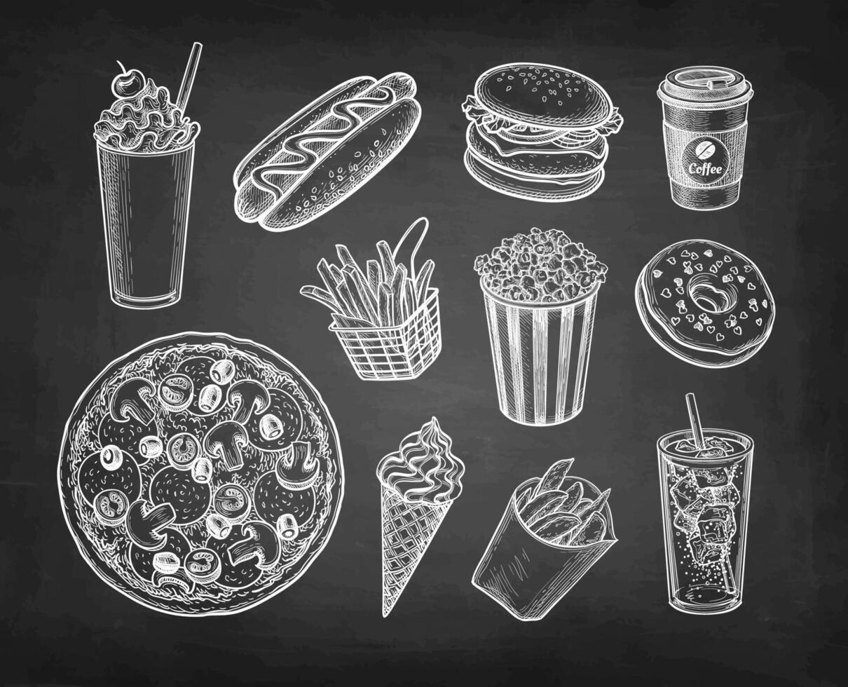 Fast food collection. Chalk sketches on blackboard background. Hand drawn vector illustration. Retro style.