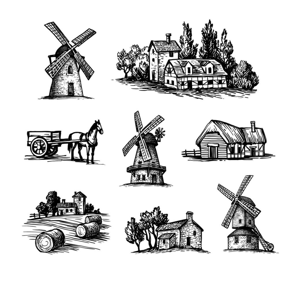 pueblo escenario. molinos, casas y campo. caballo aprovechado a un carro. mano dibujado tinta bocetos Clásico estilo. vector