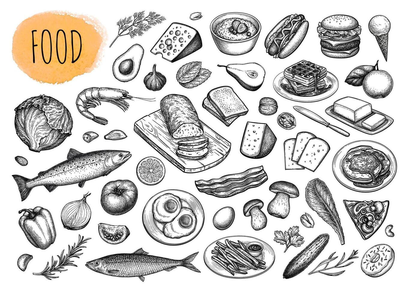 Food big set. Cooking ingredients and cooked meals. Hand drawn ink sketches. Retro style. vector