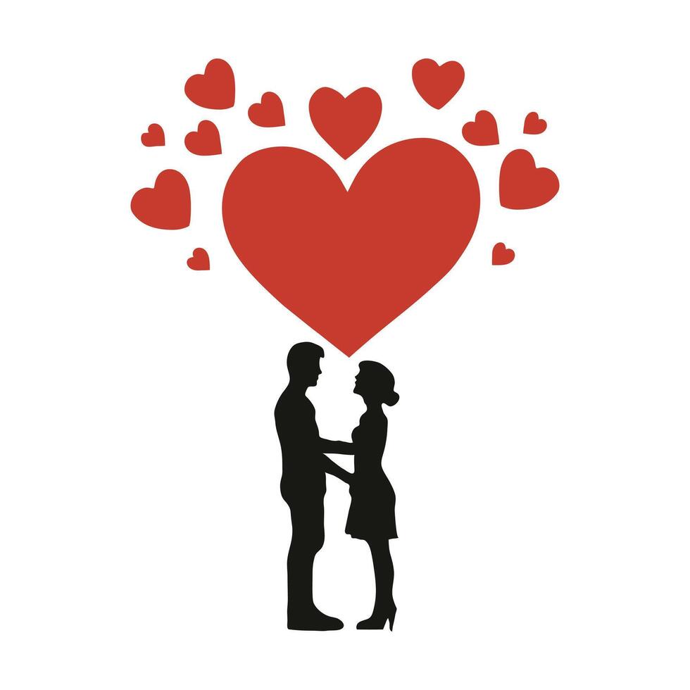 Silhouettes of a couple with floating heart shapes. vector