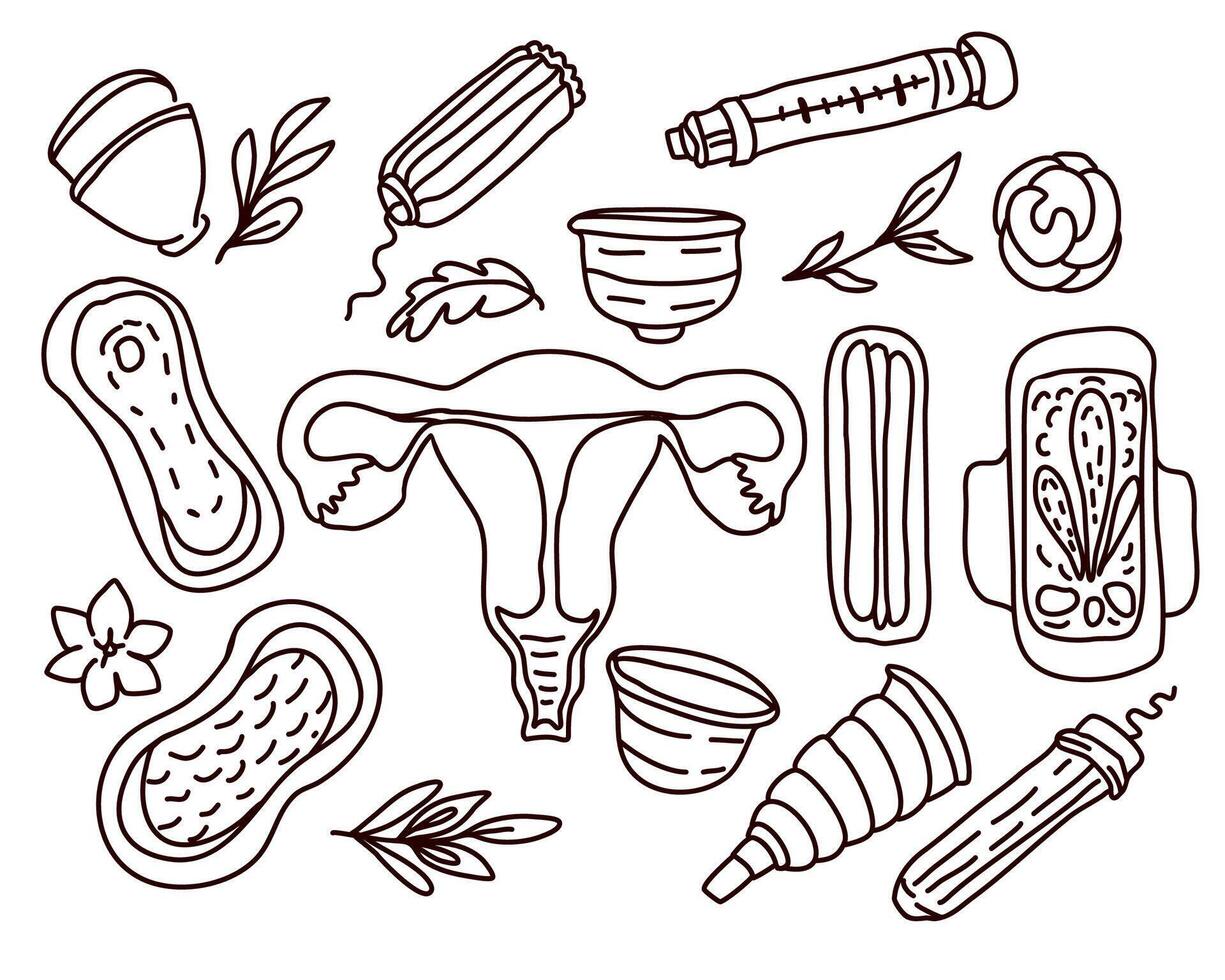 Set of hand drawn doodle women hygiene items. Vector illustration.
