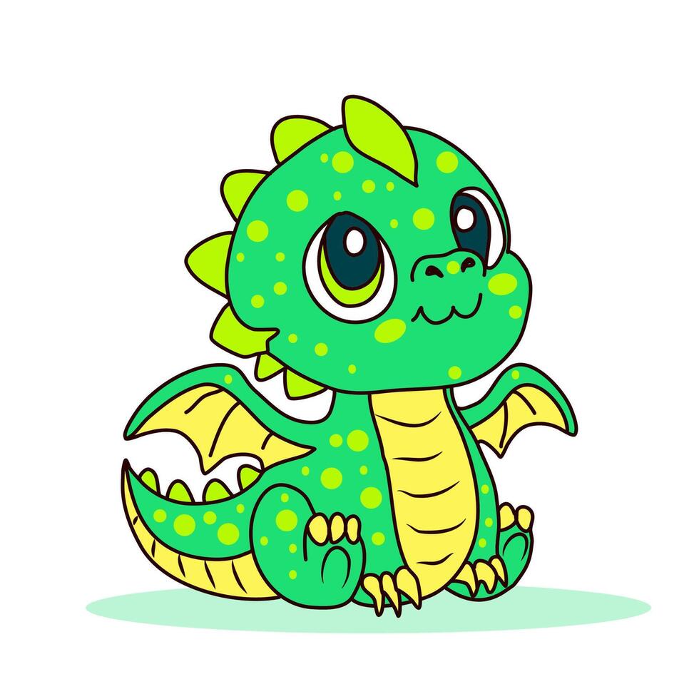 Cute cartoon green baby dragon on white background. Vector illustration.