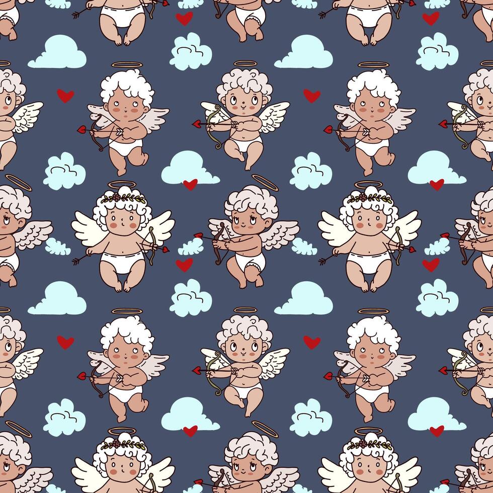 Seamless pattern with cupids and hearts on deep blue background. Vector illustration.