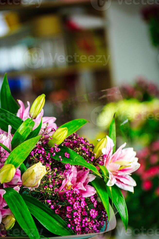 Colorful Flowers on Table, Copy Space photo