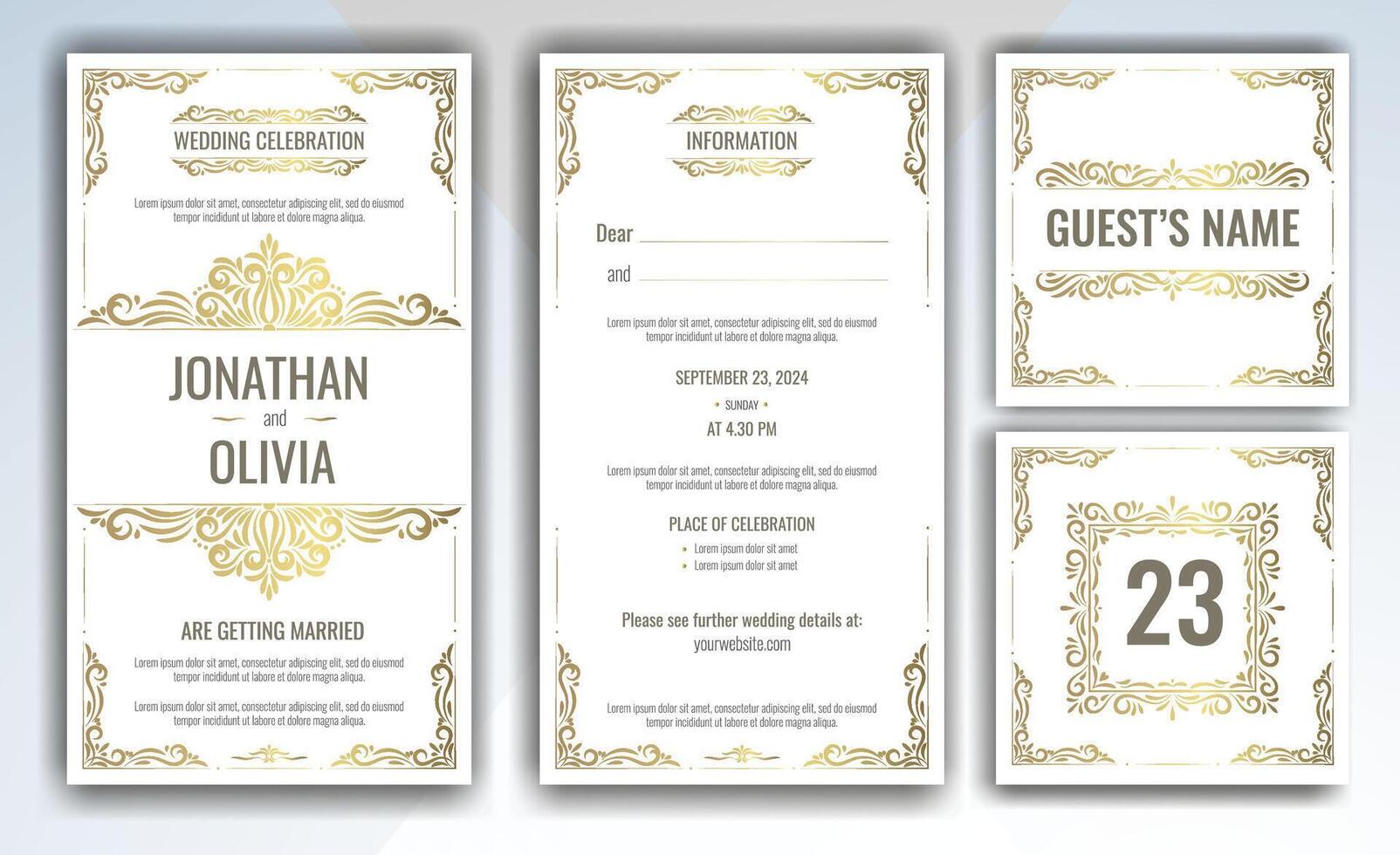 Card template luxury Wedding invitation, RSVP, save the date with golden Swirls in victorian style vector