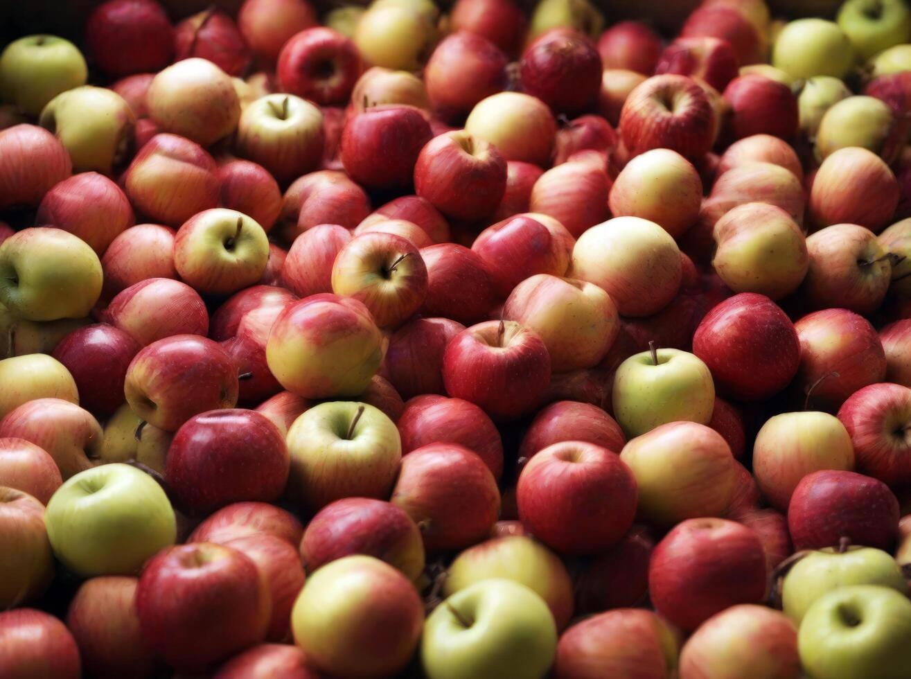 ai generado colección de fresco, vistoso manzanas con un mezcla de rojo y verde matices foto