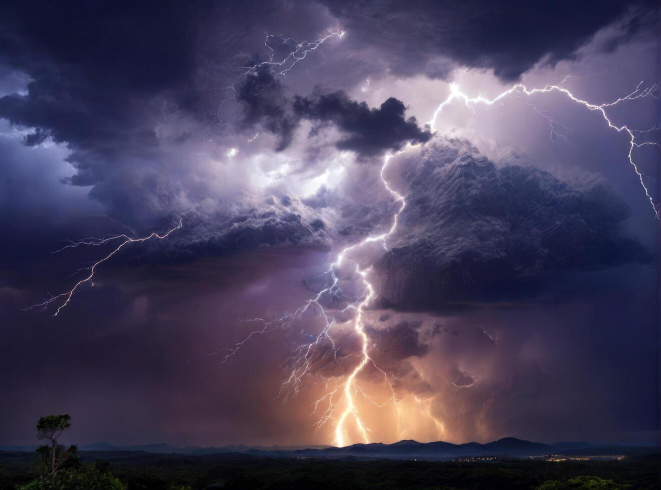 AI generated Thunderstorm, with intense lightning illuminating dark photo