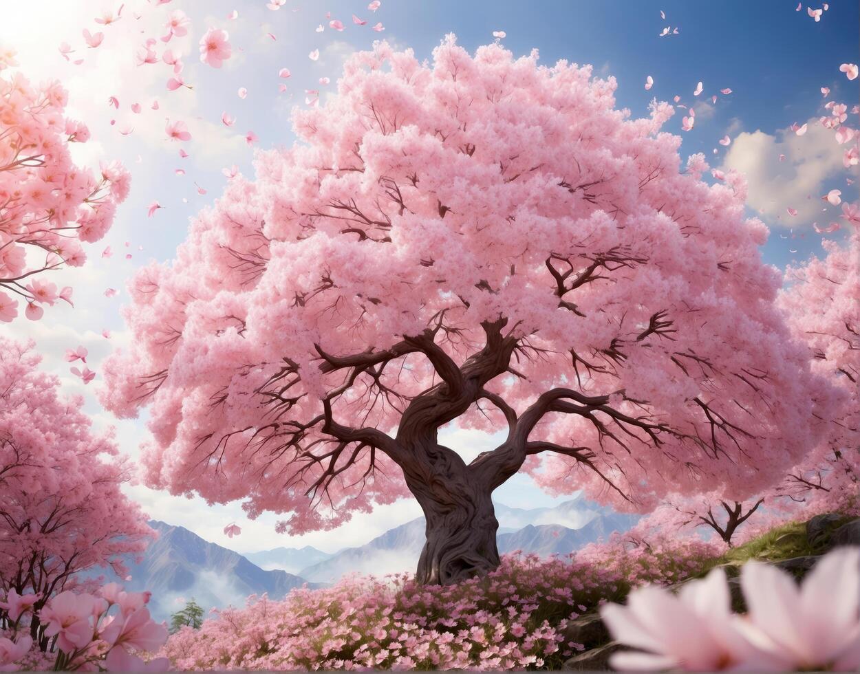 ai generado rosado Cereza florecer árbol en lleno floración, con pétalos que cae foto