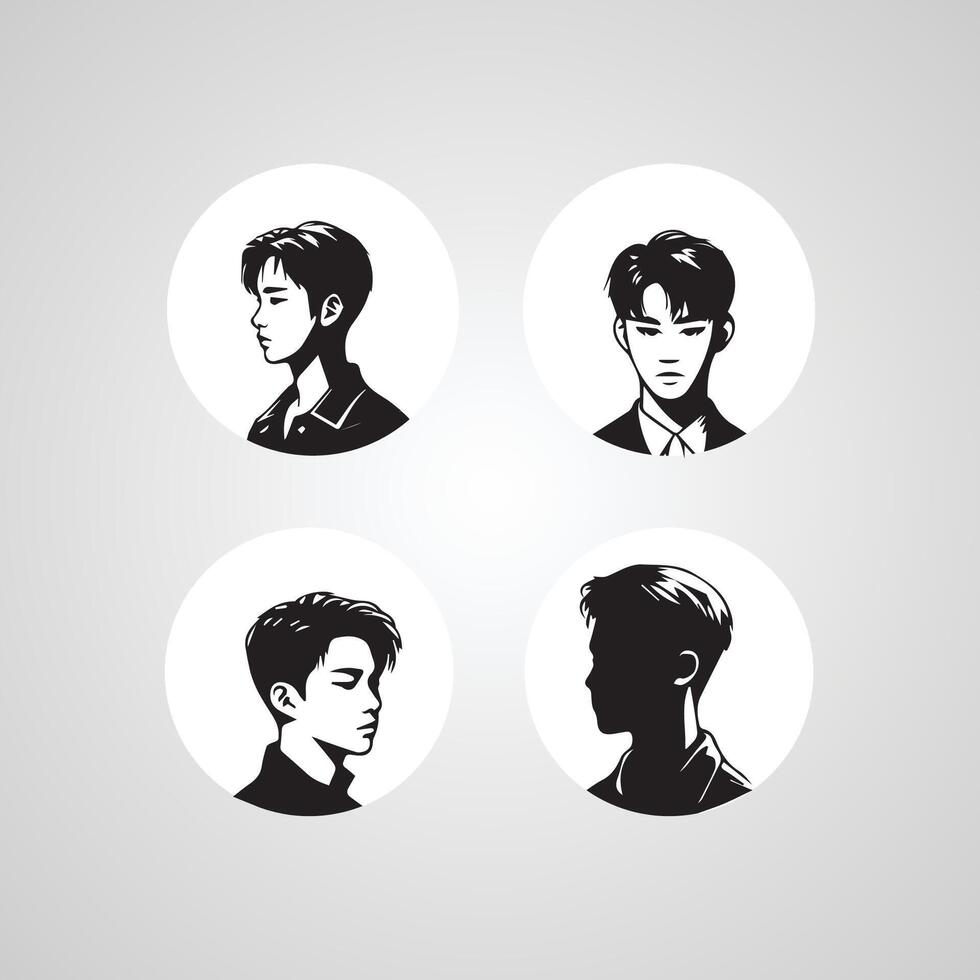 Young men profile silhouettes. Vector heads, man dark sketch portraits, human teenager person face profiles