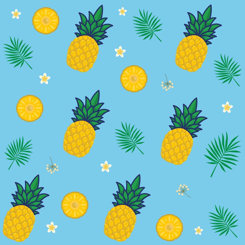 Seamless pineapple  leaf  and flower pattern illustration, blue background vector