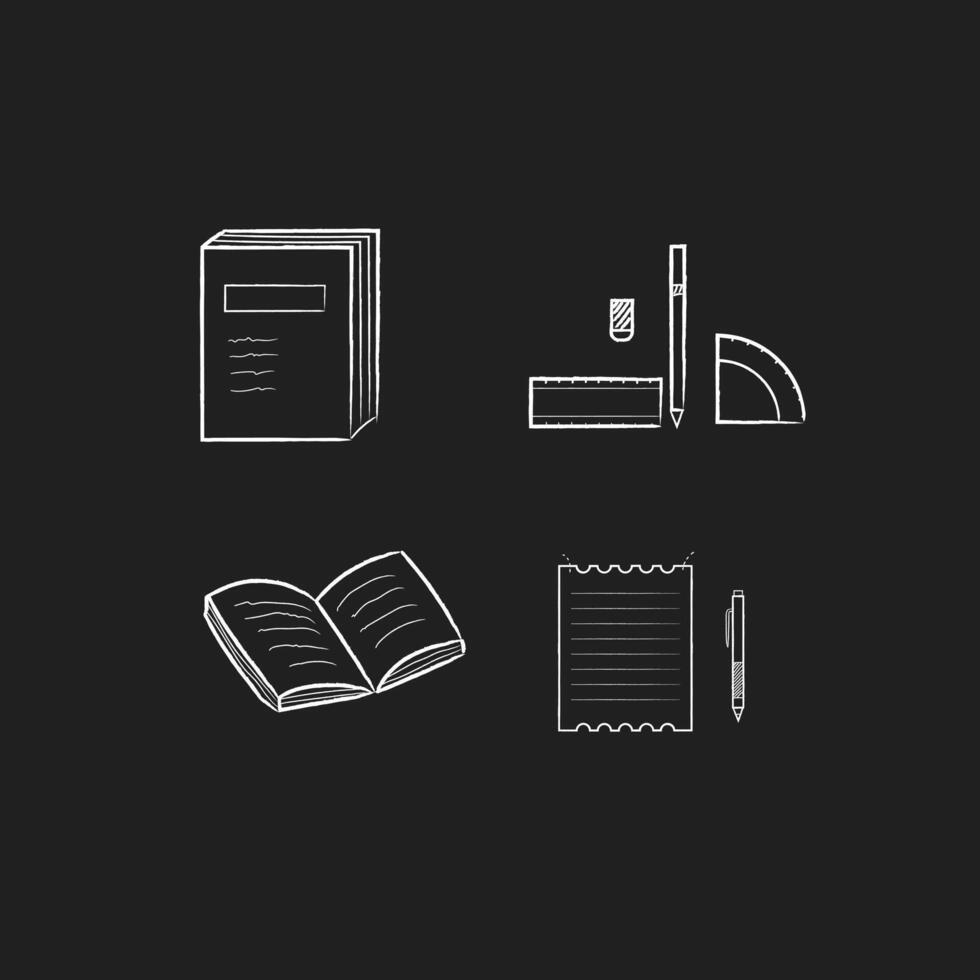 hand drawn book icon and writing tools pencil, ballpoint pen and ruler vector