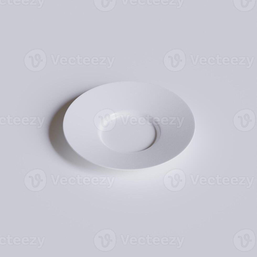 Empty plate white color and realistic texture with abstract white background photo