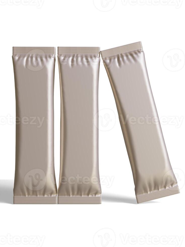 Blank foil package for design, long stick plastic pack for sugar, instant drink in 3d rendering illustration photo