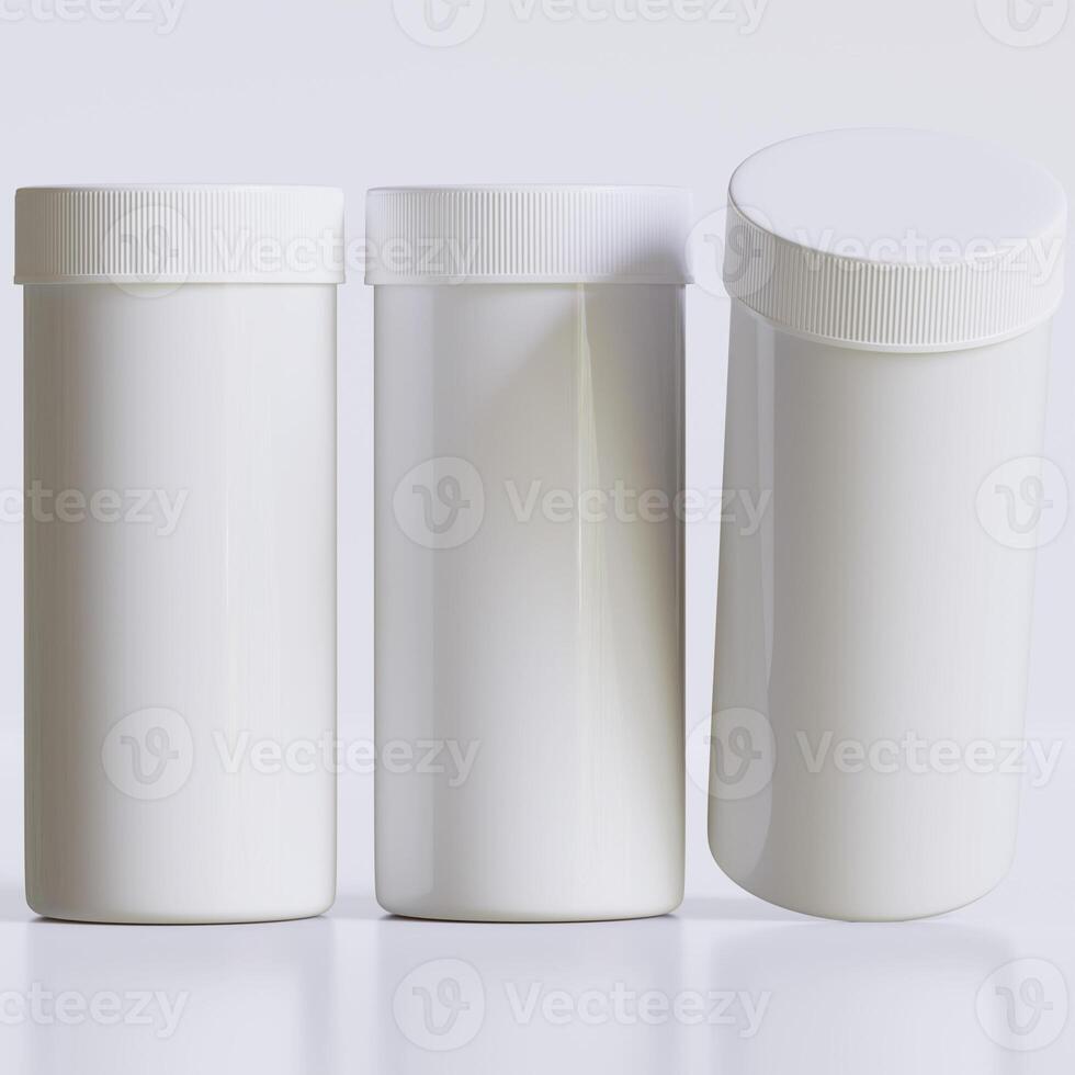 3D rendering of set for medical pill bottles white color realistic texture photo