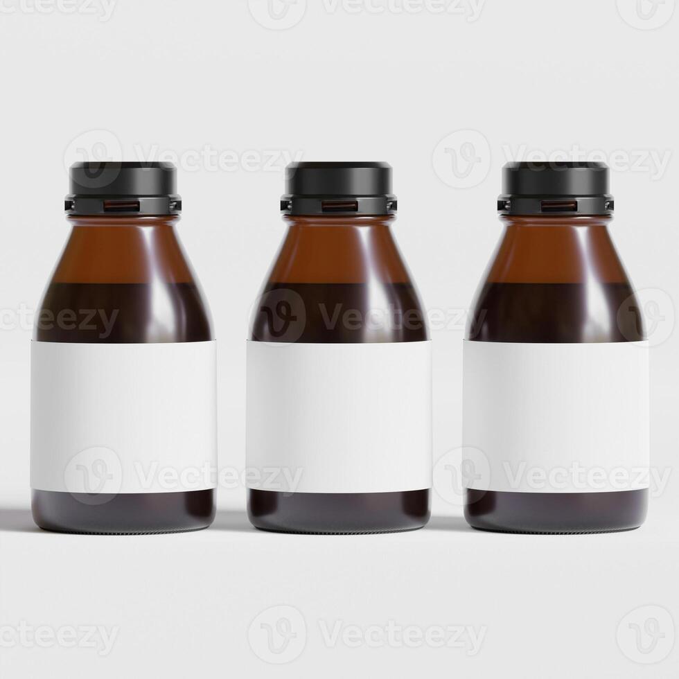 Medicine bottle of brown glass isolated on white background with clipping path. Cough syrup, mock-up 3D rendering illustration photo