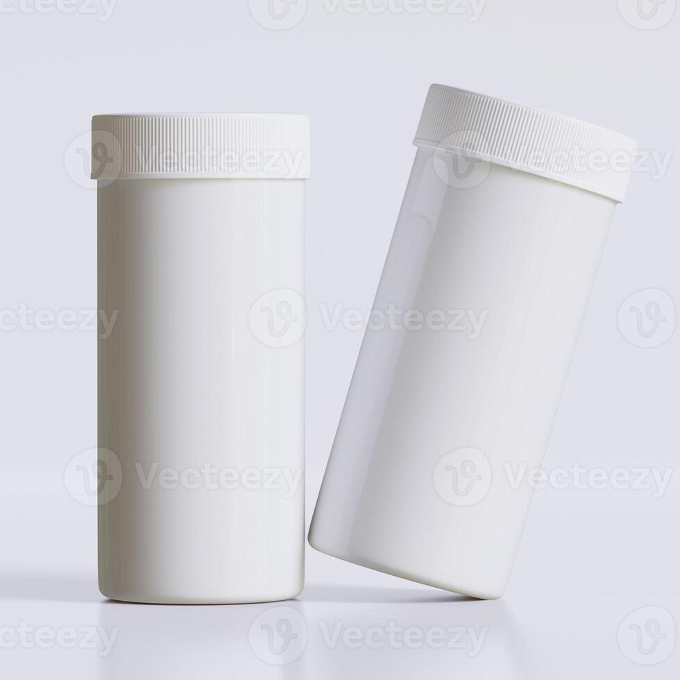 3D rendering of set for medical pill bottles white color realistic texture photo